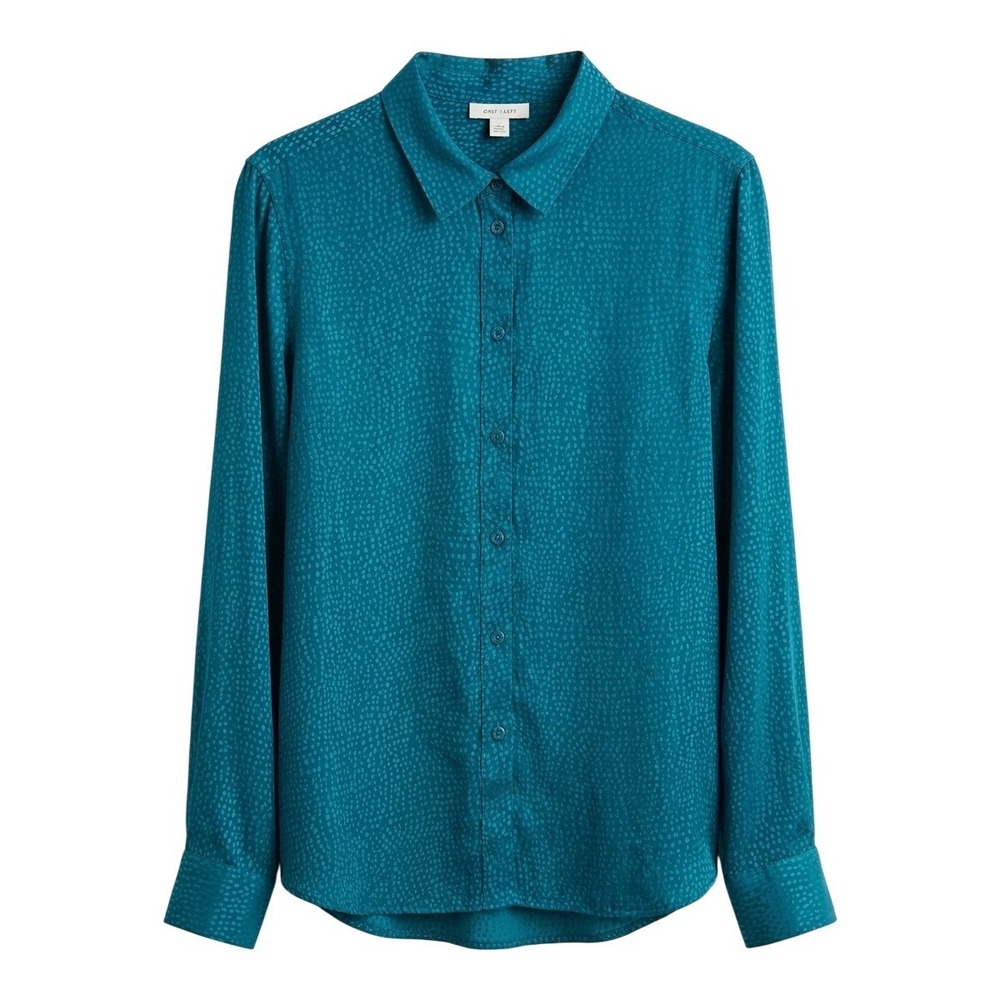ON-34TH Button Down Shirt Women‎ Medium Teal Jacquard Dotted Long Sleeve